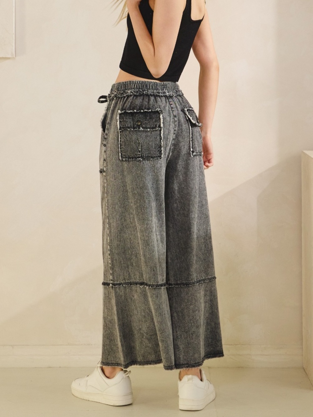 Sage + Fig Mineral Washed Stretchy Waist Cropped Denim Jean Pants - Picture 6 of 6